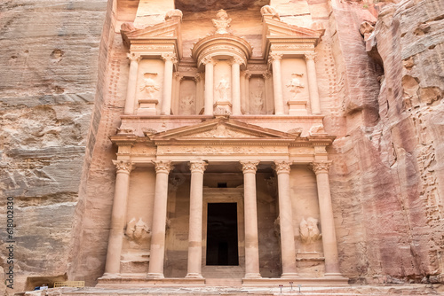 View of Al-Khazneh (The Treasury), one of the most elaborate temples in Petra, an ancient city of the Nabatean Kingdom, in Jordan. This structure was carved out of a sandstone rock face