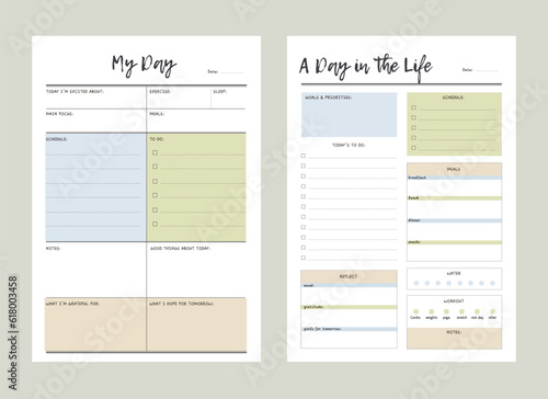 My Day and A Day in the life Planner template. Minimalist planner template set. Vector illustration.	 