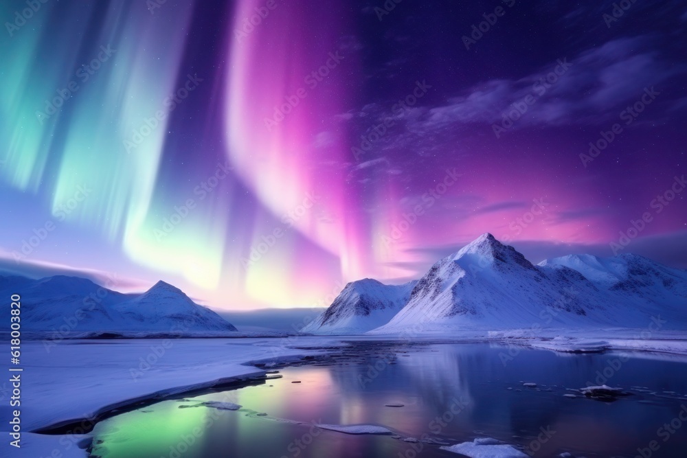 Vibrant aurora borealis gracefully dances across a serene, snow-covered tundra, creating a mesmerizing fusion of ethereal colors and wintry beauty. Generative AI