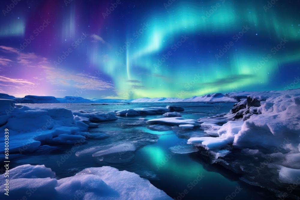 Vibrant aurora borealis gracefully dances across a serene, snow-covered tundra, creating a mesmerizing fusion of ethereal colors and wintry beauty. Generative AI