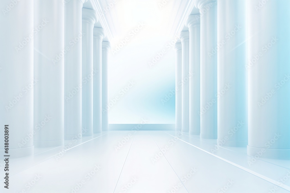 Airy white and light blue architectural background with tilted columns, creating a sophisticated and captivating widescreen display. Generative AI