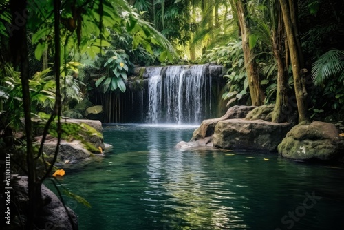 A secluded waterfall gracefully cascades into a tranquil pool, enveloped by lush tropical foliage, creating a captivating and serene paradise in the heart of the jungle. Generative AI