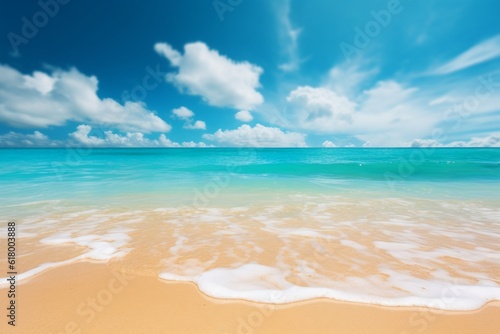 Defocused abstract background showcasing a golden sandy beach, turquoise ocean, and blue sky with fluffy white clouds—a colorful and inviting landscape for summer holidays. Generative AI