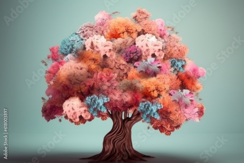 Colorful tree on blue background. 3D illustration. Ecology concept