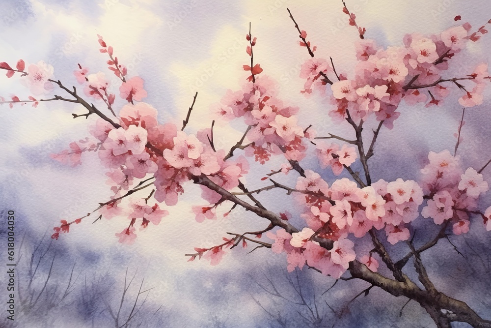 Watercolor painting of cherry blossom flowers. Spring blossom.