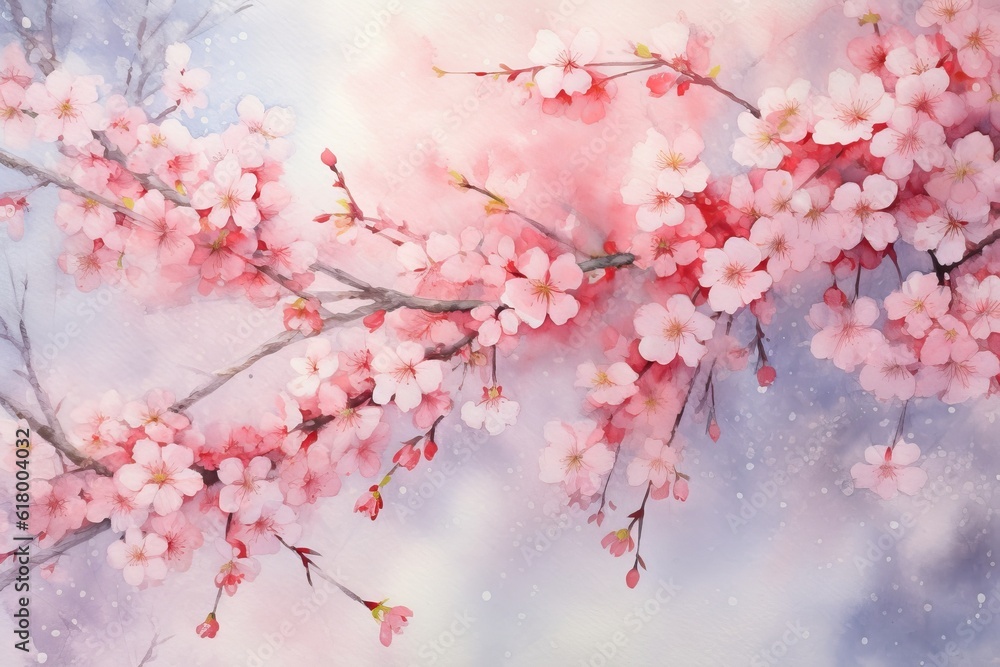 Watercolor cherry blossom sakura on sky background. Spring flowers Watercolor cherry blossom sakura on sky background. Spring flowers