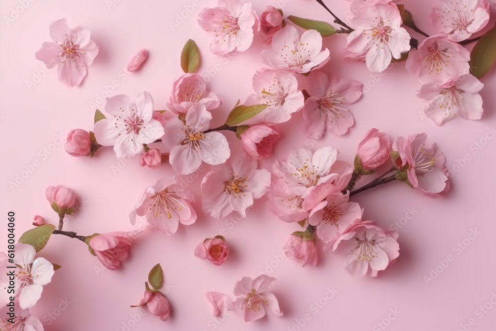 Beautiful blooming sakura branches on color background, top view