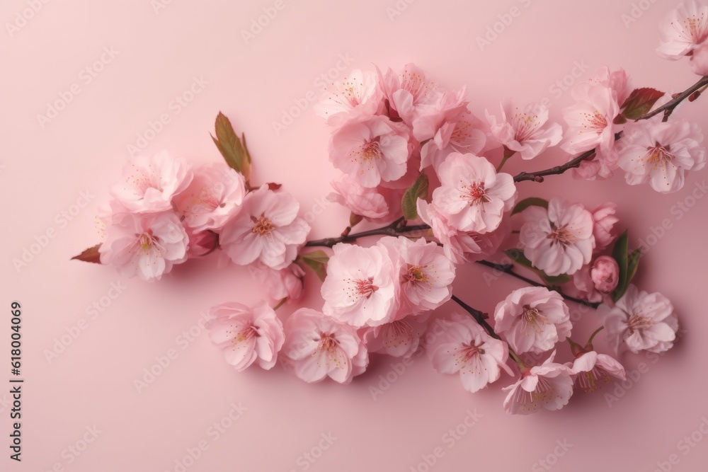 Cherry blossom branch on pink background, flat lay, copy space