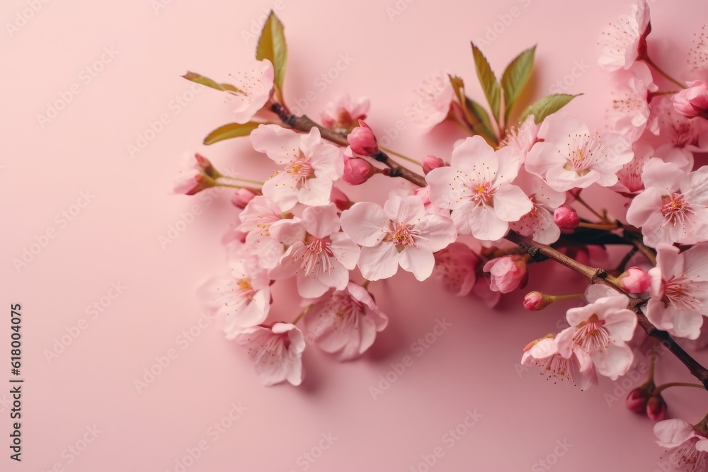 Cherry blossom branch on pink background with copy space for text