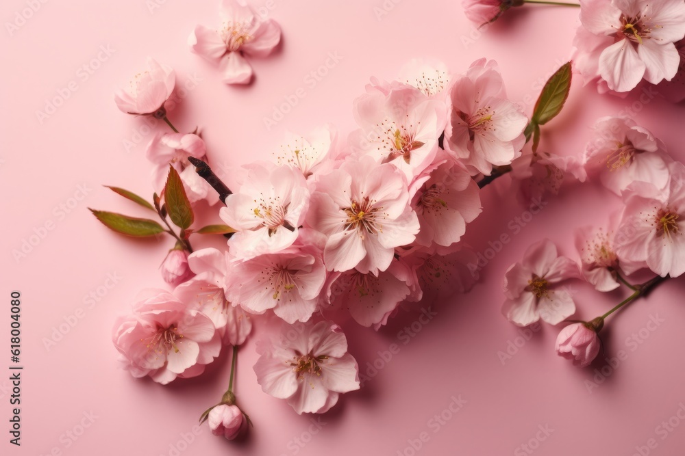 Beautiful blossoming sakura branches on color background, top view