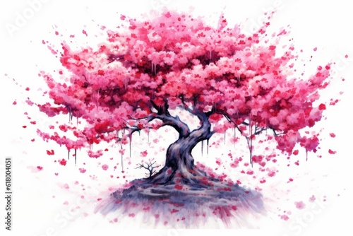 Cherry blossom tree in spring season. Watercolor illustration.