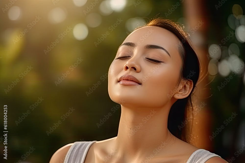 Young Beautiful Woman is relaxing and closing her eyes, doing meditation Young Beautiful Woman is relaxing and closing her eyes, doing meditation