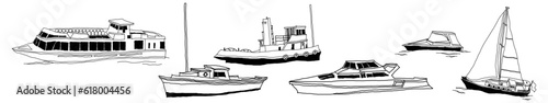Set of boat with hand drawing concept, minimalist, print, doodle, vector illustration (Vector)