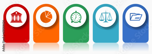 Education icon set, miscellaneous vector icons such as architecture, graph, clock, scales and folder, modern design infographic template, web buttons in 5 color options