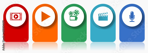 Entertainment icon set, miscellaneous vector icons such as video, play, cinema, movie and music, modern design infographic template, web buttons in 5 color options