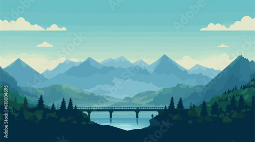 landscape with mountain bridge lake tree sunset 
