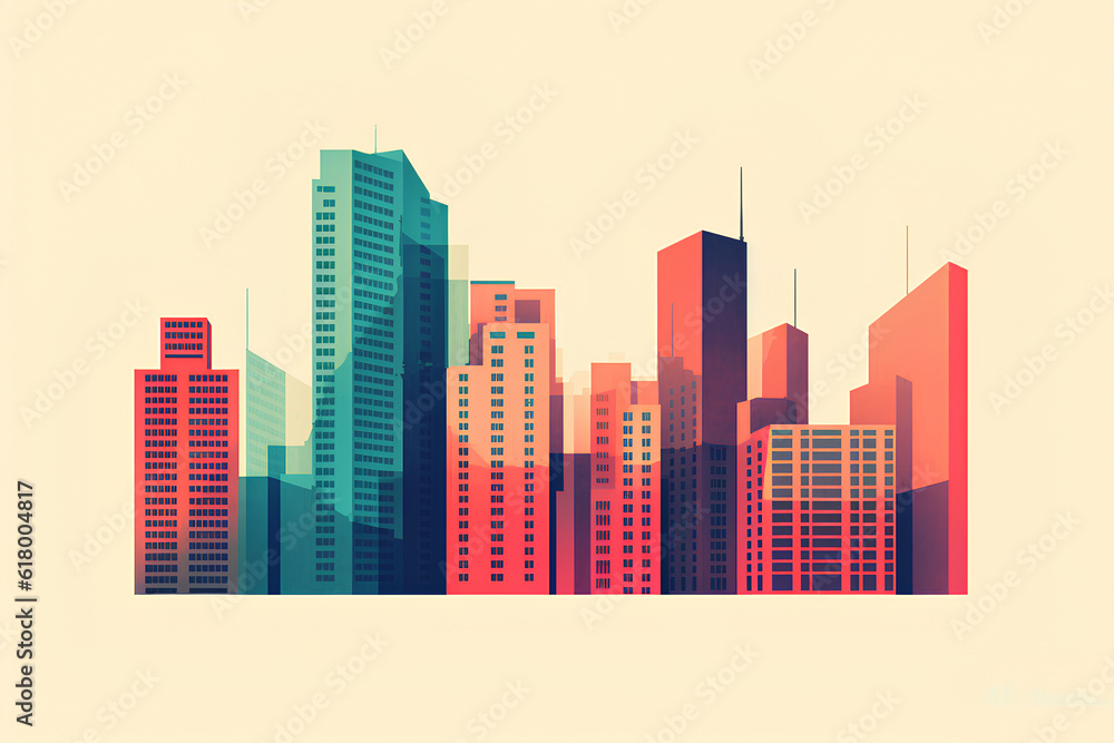 Modern buildings glass skyscrapers risograph style minimalistic tertiary colors. Generative AI