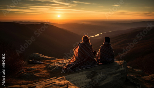Two men hiking mountain peak at sunset  nature adventure love generated by AI