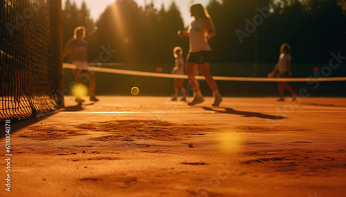 Women playing tennis  competitive sport  having fun outdoors in sunlight generated by AI