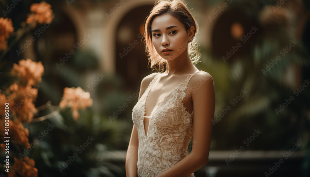 Naklejka premium Beautiful young woman exudes elegance and sensuality in nature glamour generated by AI