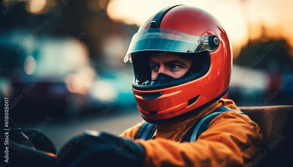 Speedy biker in sports helmet enjoys outdoor motorcycle adventure generated by AI Speedy biker in sports helmet enjoys outdoor motorcycle adventure generated by AI