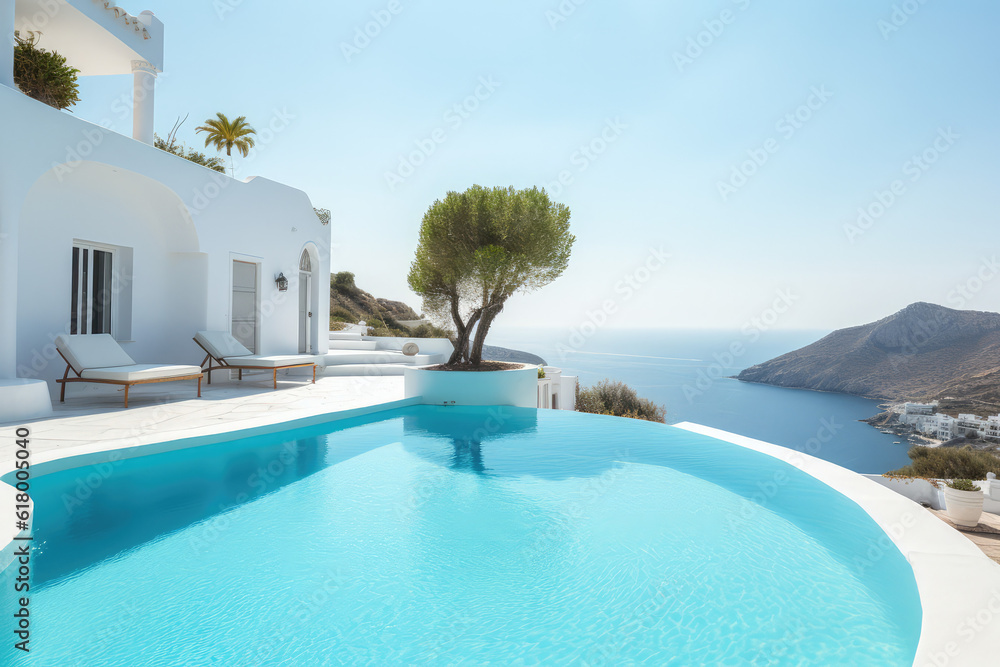 Traditional mediterranean white house with pool on hill with stunning sea view. Summer vacation background, generative AI