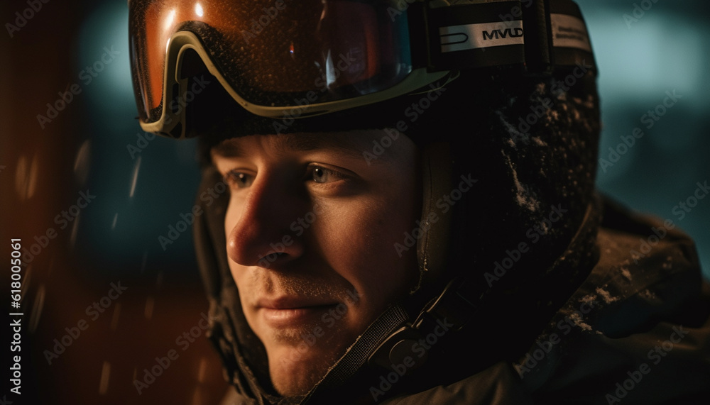 Young adult male in ski goggles enjoying winter outdoor adventure generated by AI Young adult male in ski goggles enjoying winter outdoor adventure generated by AI