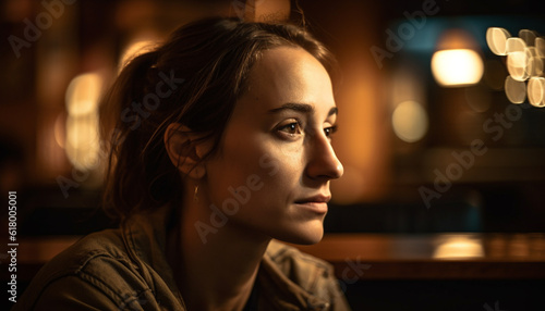 Beautiful young woman smiling confidently in coffee shop window generated by AI