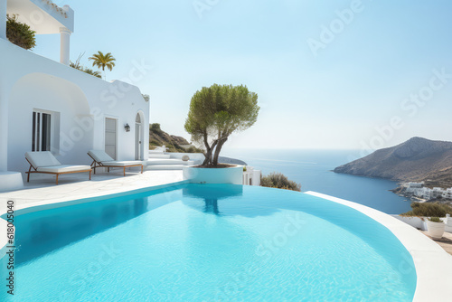 Traditional mediterranean white house with pool on hill with stunning sea view. Summer vacation background, generative AI