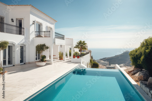 Traditional mediterranean white house with pool on hill with stunning sea view. Summer vacation background, generative AI © Kien