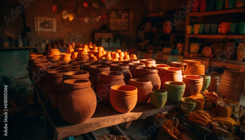 Indigenous pottery workshop creates earthenware vases and clay jars generated by AI