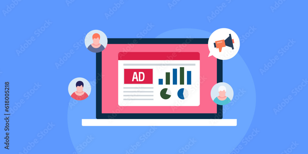 Obraz premium illustration of advertising data webpage on a laptop screen, reaching online audience through ad campaign. Vector banner.