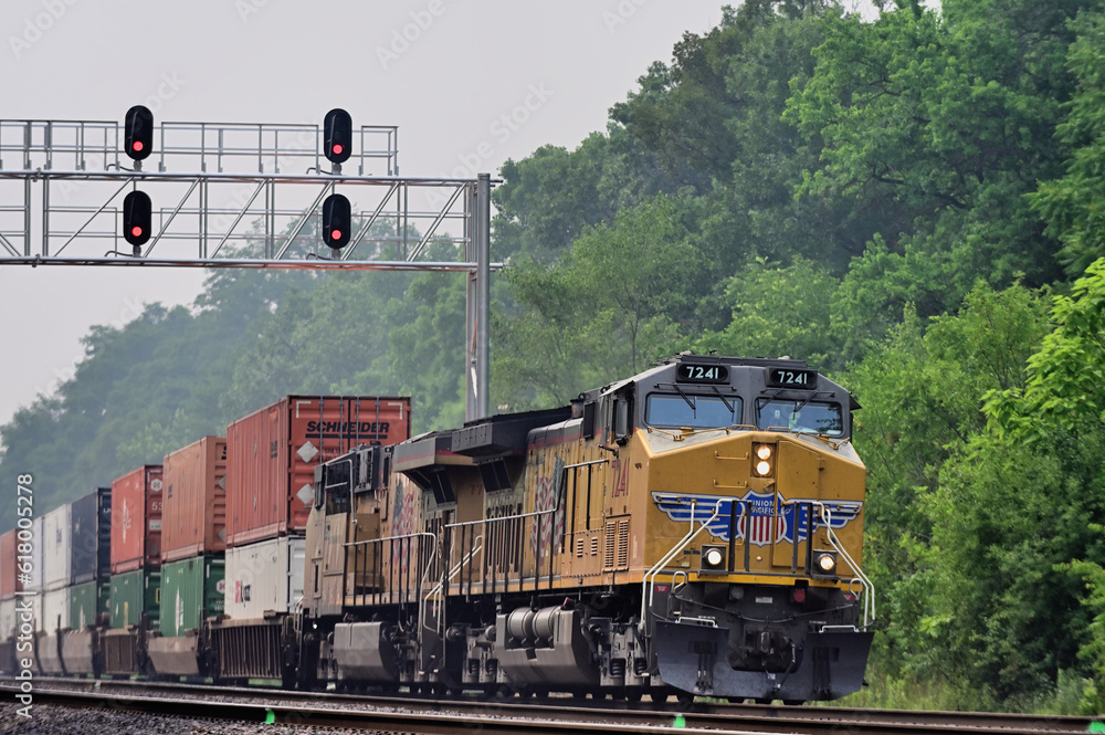 Multiple lead an Union Pacific freight intermodal freight