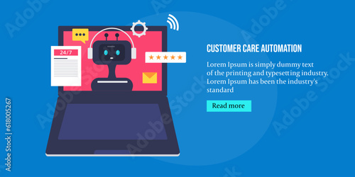 Customer care automation, chatbot for customer support service conceptual web banner with text and button.