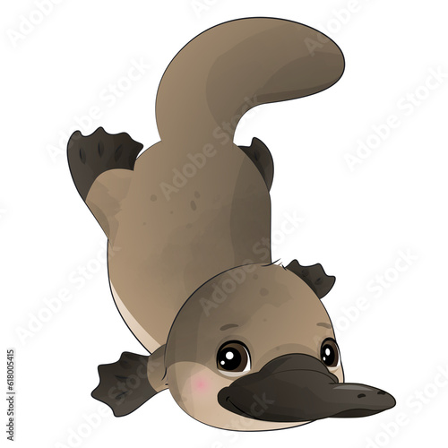 Cute platypus poses watercolor illustration