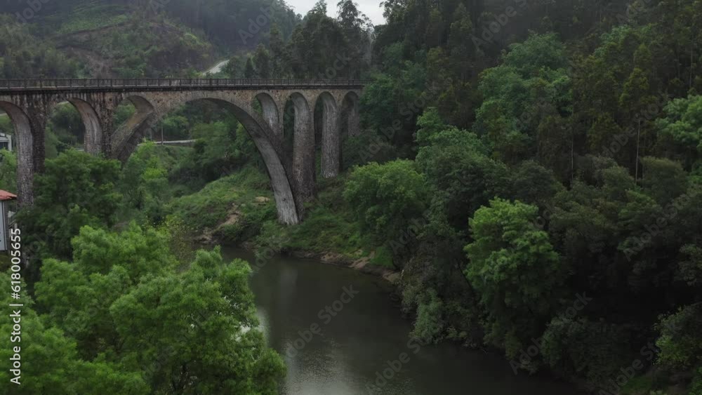 Aerial revealing Stone Bridge over Vouga River, Sever do Vouga Portugal Aerial revealing Stone Bridge over Vouga River, Sever do Vouga Portugal