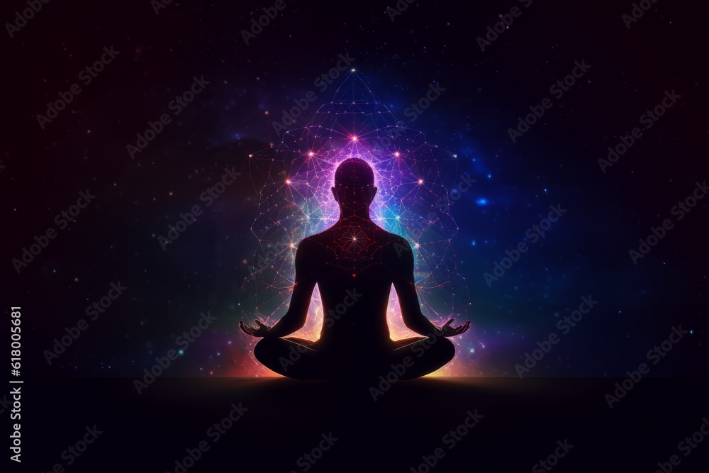 Silhouette of woman meditating in lotus pose against glowing background