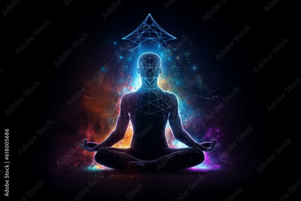 Man meditating in lotus pose with glowing triangle on dark background Man meditating in lotus pose with glowing triangle on dark background