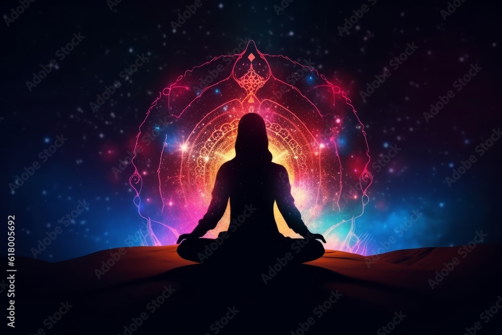 Silhouette of woman meditating in lotus position on colorful background