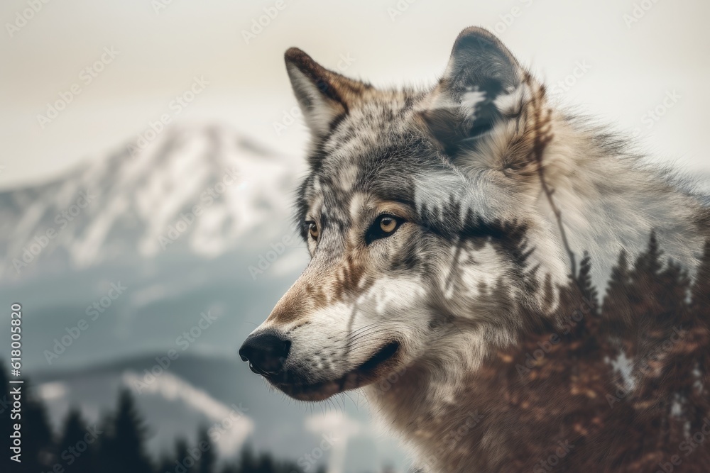 Obraz premium Close-up portrait of a wolf against the background of the mountains. Double exposure image.