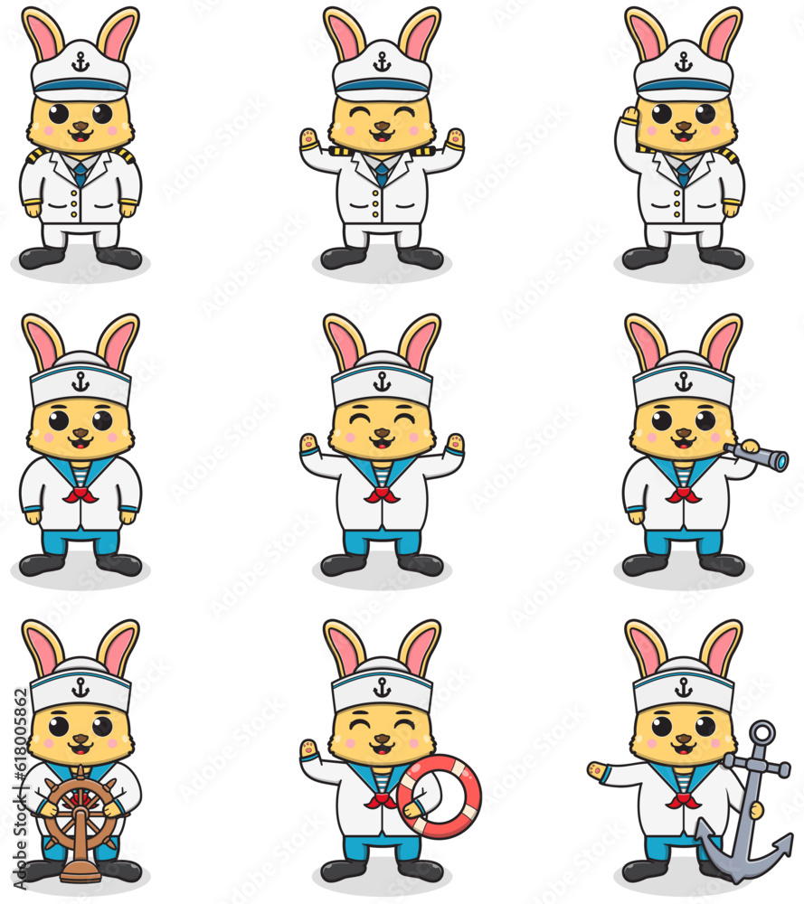 Naklejka premium Funny Rabbit sailors set. Cute Rabbit characters in captain cap cartoon vector illustration.