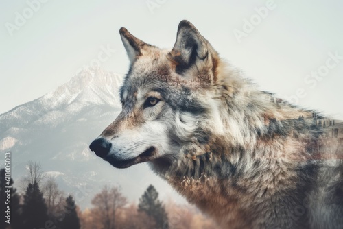 Portrait of a wolf in the mountains. Double exposure image.