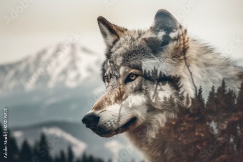 Close-up portrait of a wolf against the background of the mountains. Double exposure image.