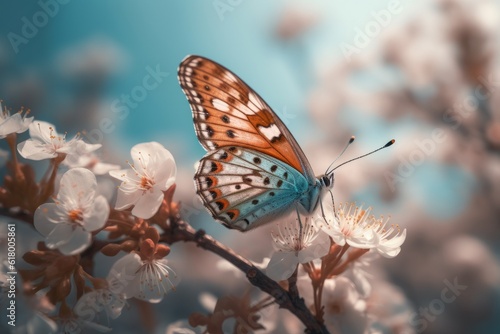 butterfly on a branch of cherry blossoms in the spring