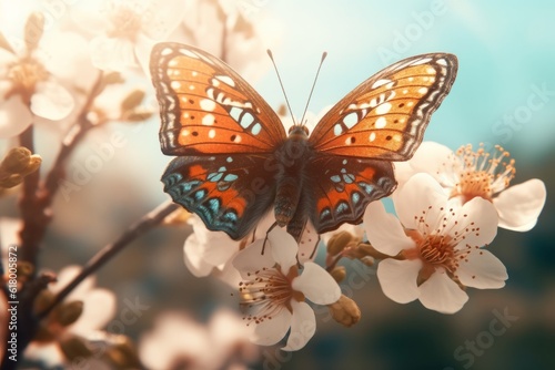 Butterfly on a branch of blossoming apricot tree