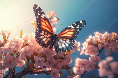 Beautiful butterfly on a branch of a blossoming sakura.