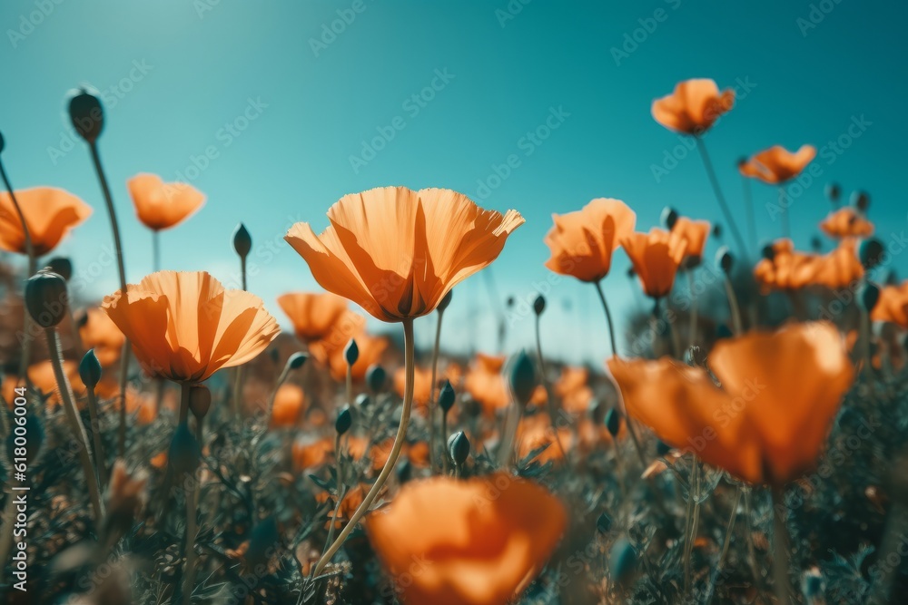 Field of orange poppies on a background of blue sky.