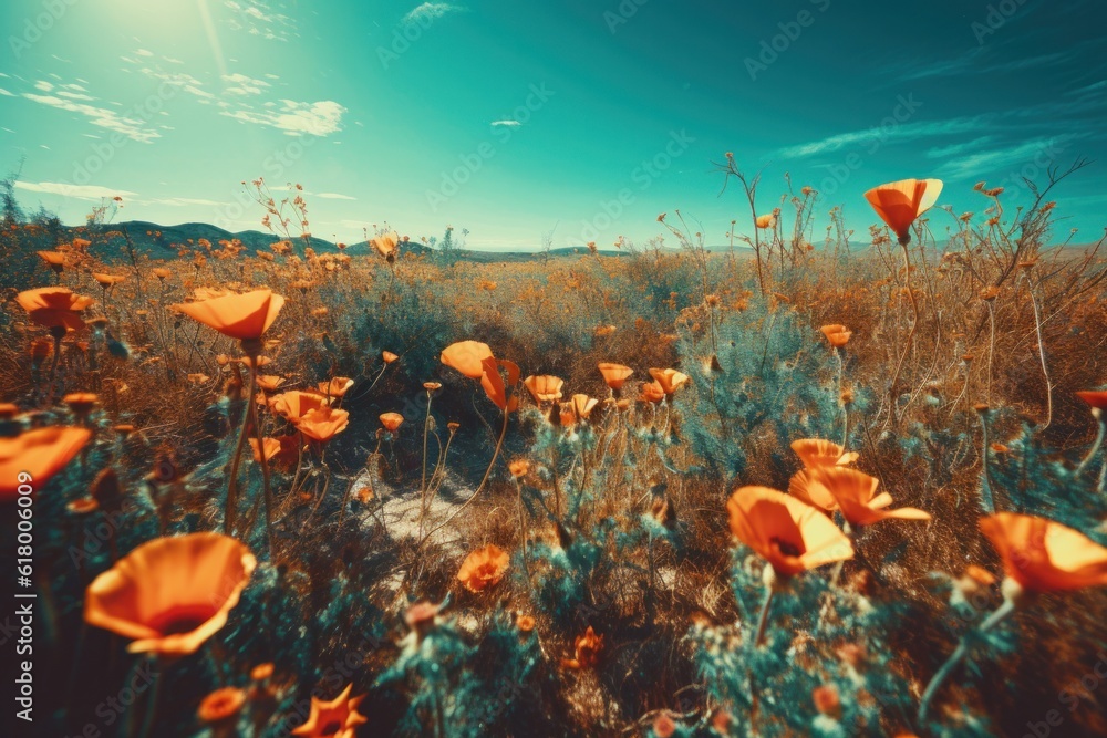 Poppies field on blue sky background. retro toned image