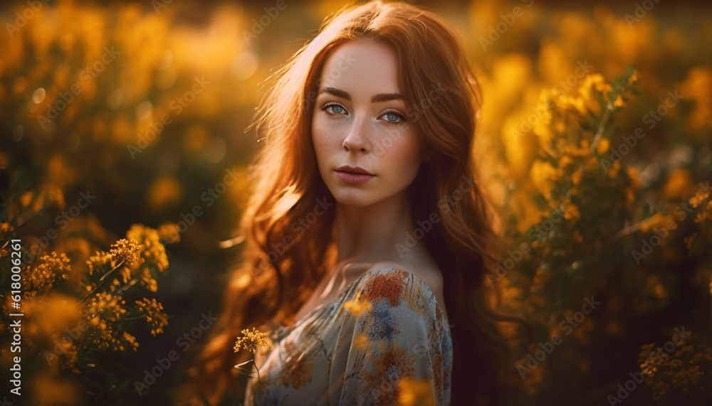 Young woman in nature, smiling, beauty in sensuality and elegance generated by AI Young woman in nature, smiling, beauty in sensuality and elegance generated by AI