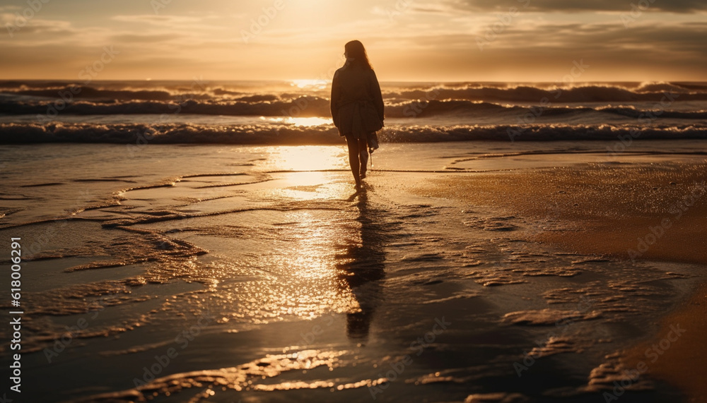 One woman walking on sand, backlit by sunset sunlight generated by AI